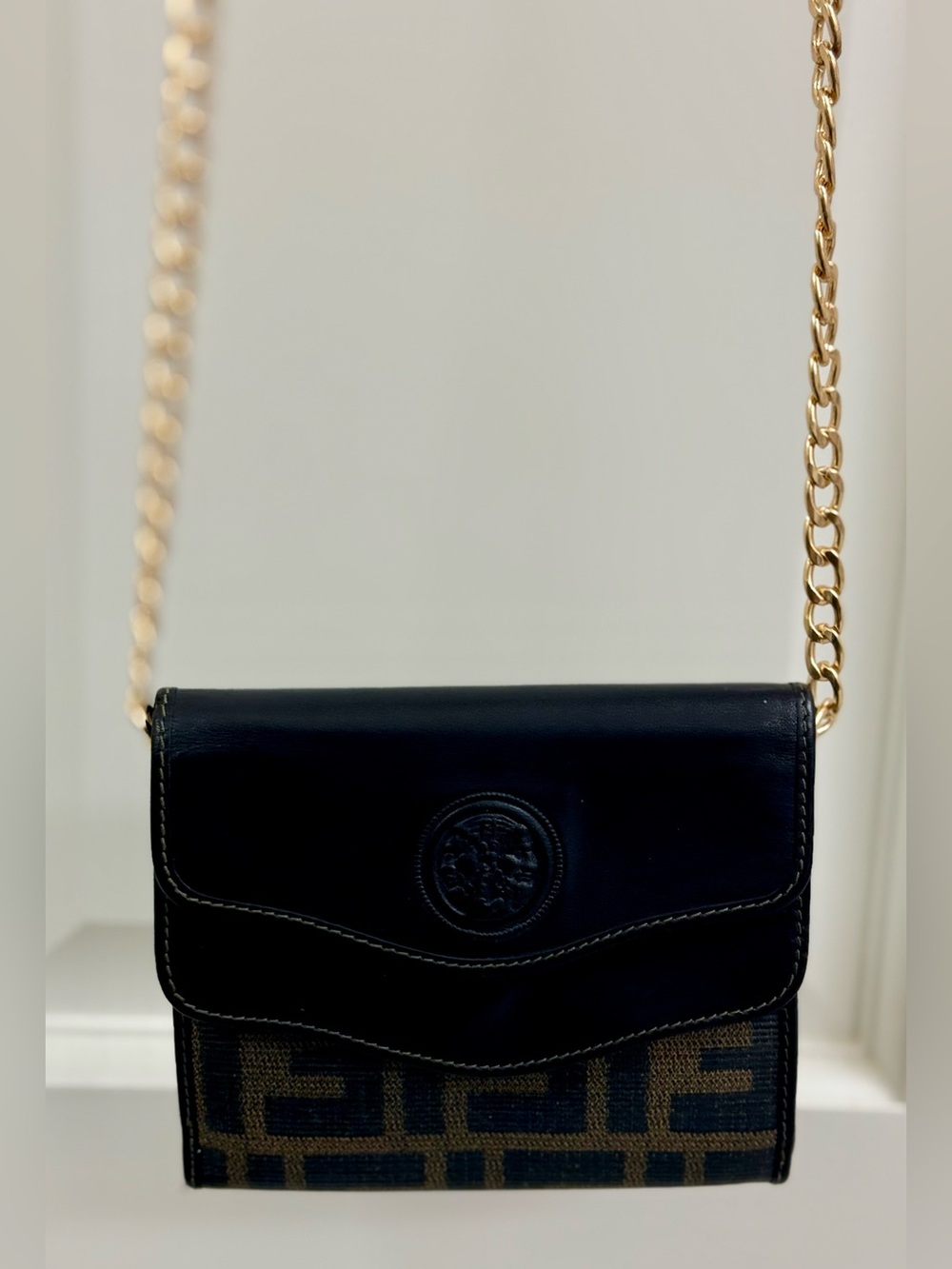 Fendi Black Leather & Brown FF Canvas Crossbody with Gold Chain